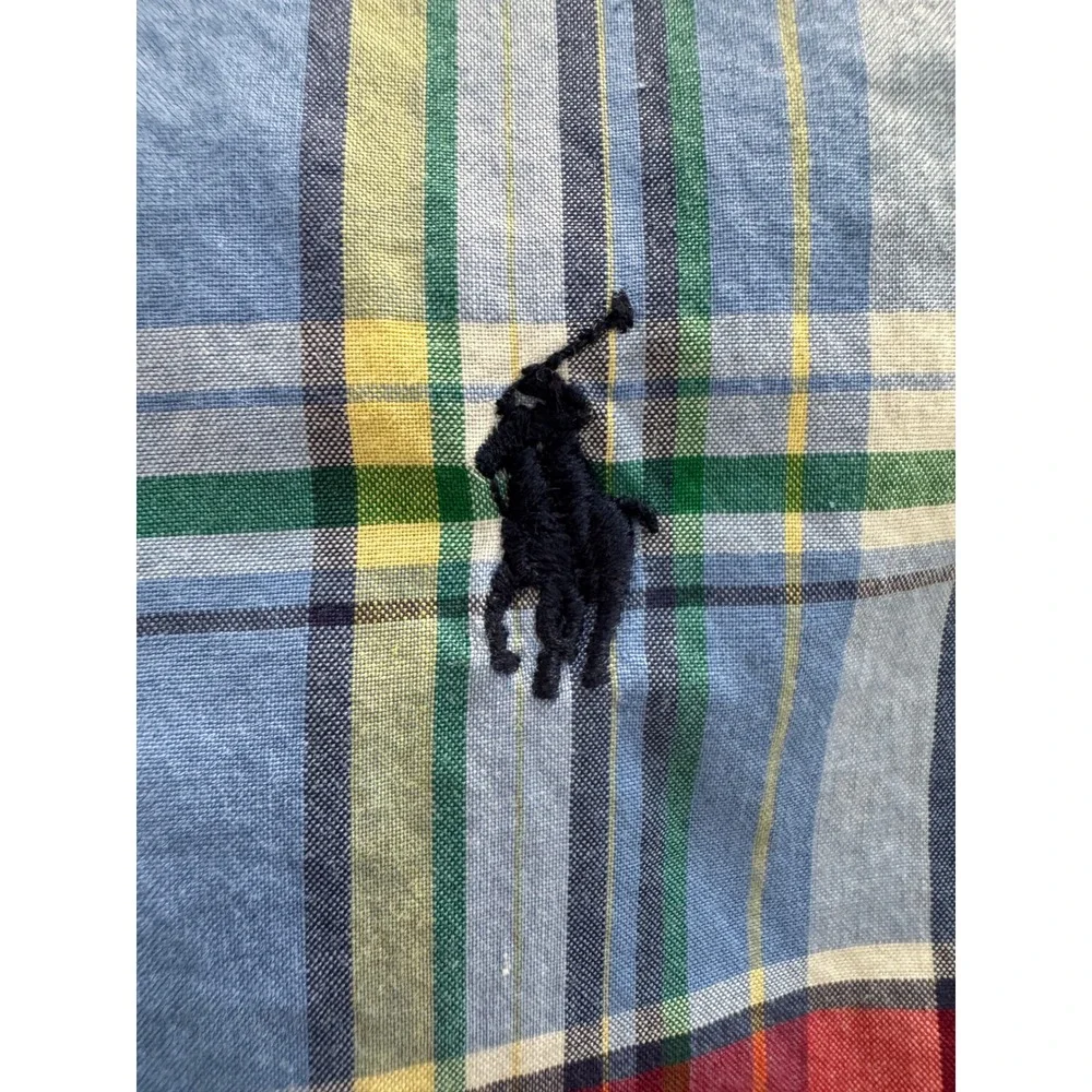 Ralph Lauren Button Down Shirt Kids L 14-16 Blue Plaid Natural Stretch Preppy